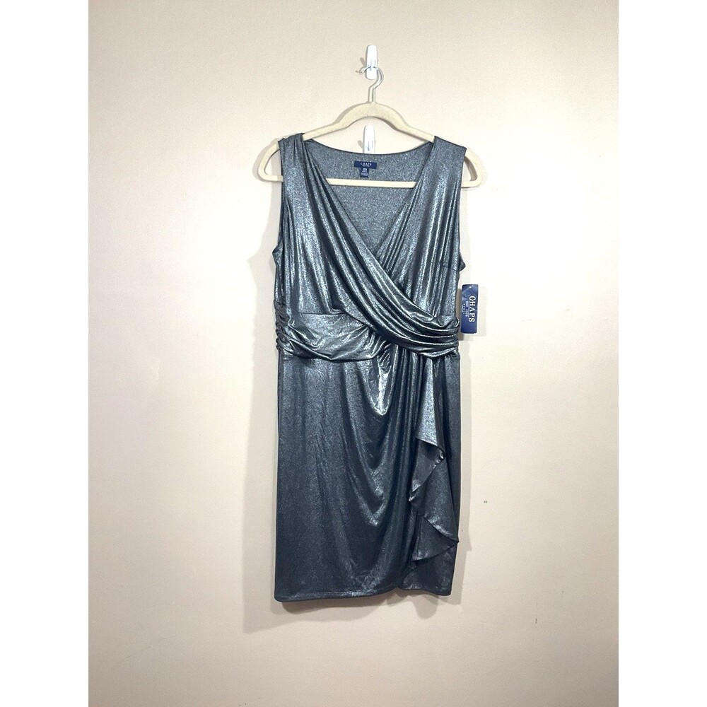 Chaps Womens Metallic Faux Wrap Dress 20W Silver Glam Cocktail Party Gala NWT